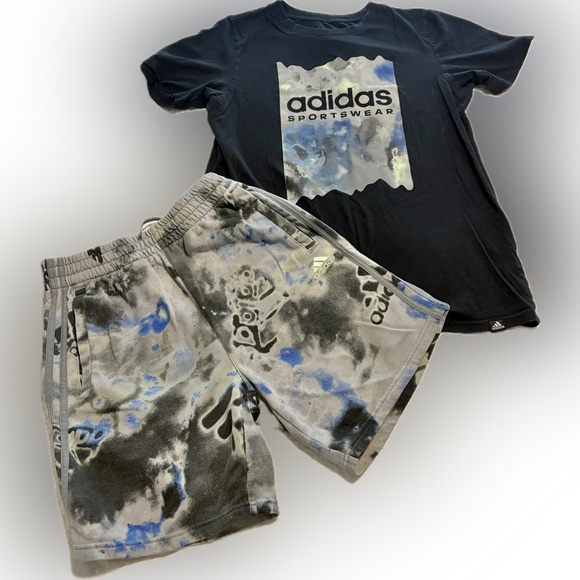 adidas Other - adidas Black Graphic Tee with Gray, Black & Blue Tie-Dye Shorts